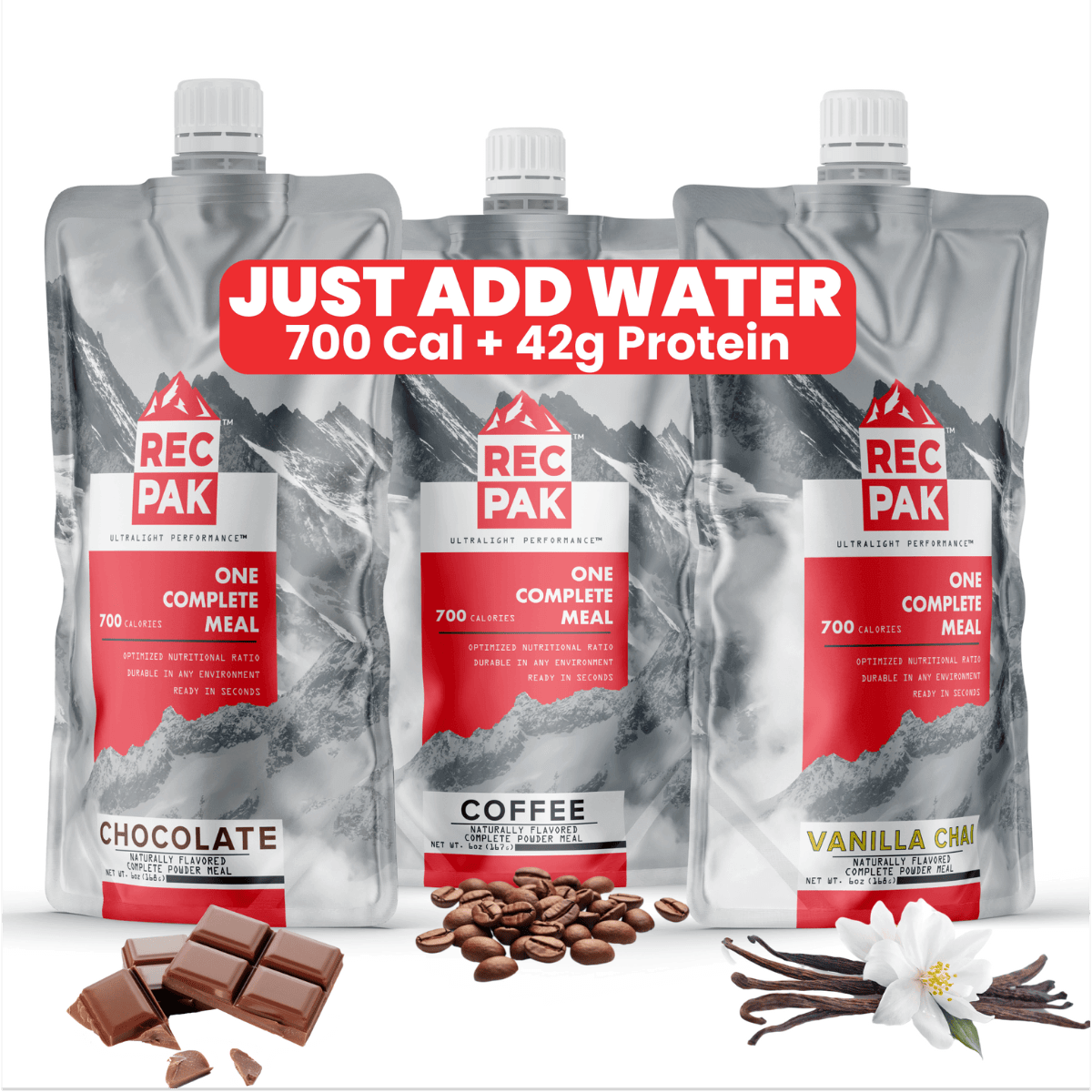 RecPak comes in three flavors: Chocolate, vanilla, and coffee