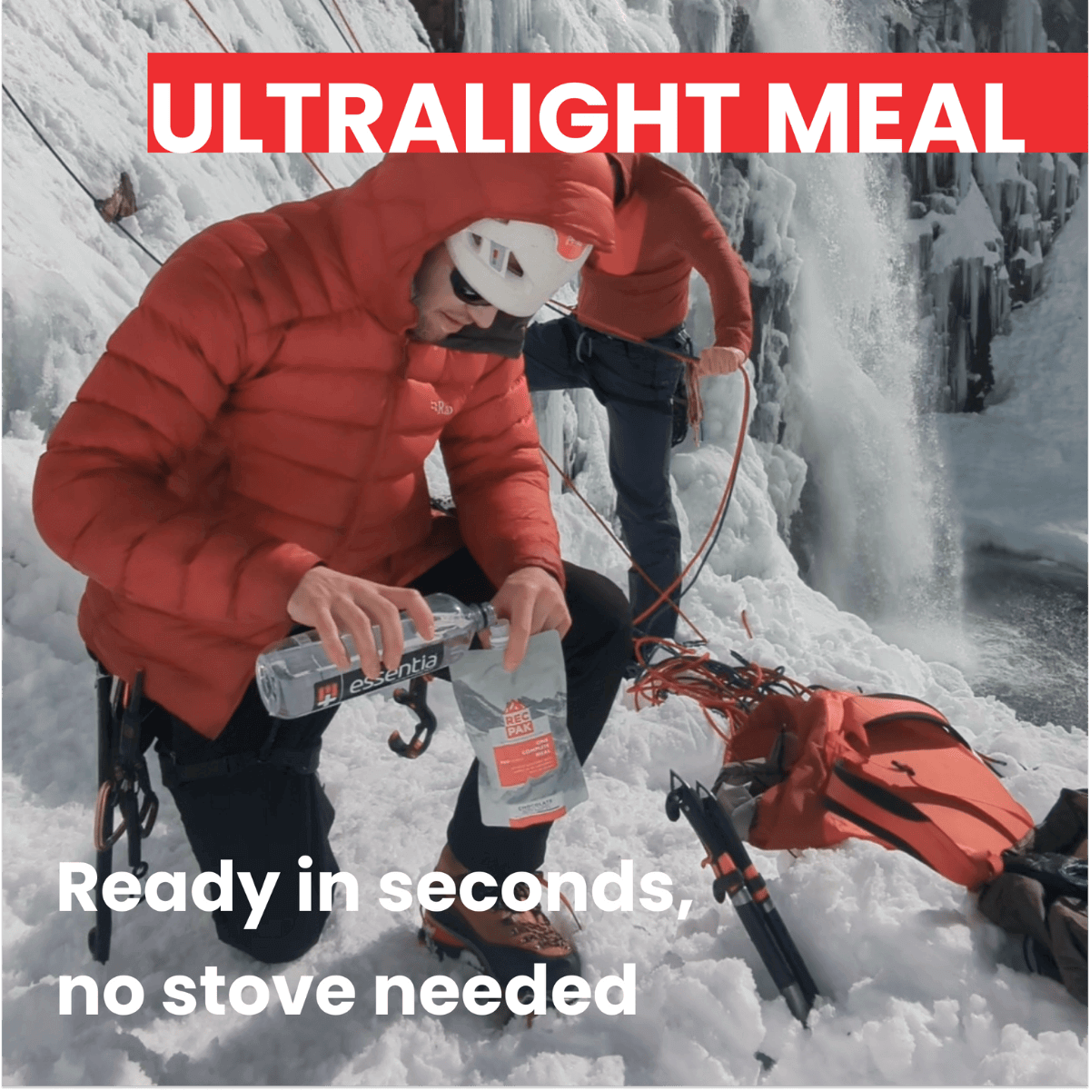 No cook easy camping meals - man prepares RecPak in front of an ice climb